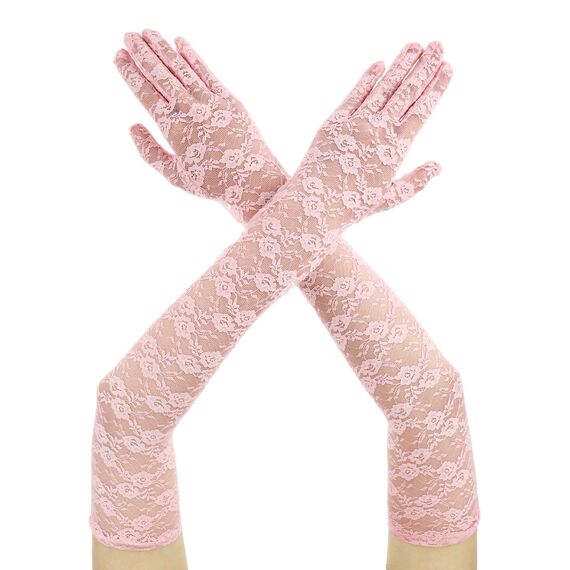 Lusofie Rosa Spitze Handschuhe Lang für Damen Elegant Tee Party Lang Spitzenhandschuhe Rosa 1920er Jahre Verlobungskleid Party Tanz Oper Halloween Schwarz Handschuhe für Damen