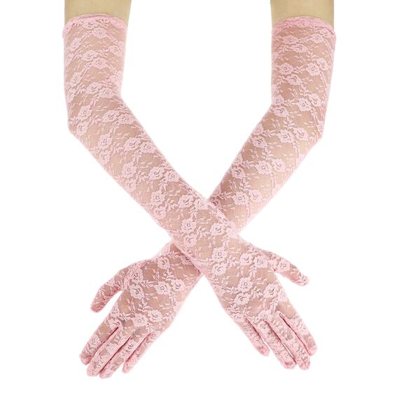 Lusofie Rosa Spitze Handschuhe Lang für Damen Elegant Tee Party Lang Spitzenhandschuhe Rosa 1920er Jahre Verlobungskleid Party Tanz Oper Halloween Schwarz Handschuhe für Damen