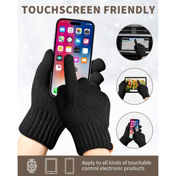 ARFNKIM Thermo-Winterhandschuhe, Fleecefutter, Touchscreen-Strick, dehnbar, warme Handschuhe zum Laufen, Radfahren, Reiten - Herren und Damen, Schwarz + Grau, Einheitsgröße