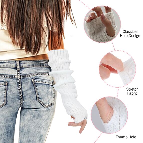 CIATBYYJ Armstulpen Damen, Winter Gestrickte Handstulpen, Warme Long Fingerlose Handschuhe, Japanischer Pulswärmer, Y2K Gothic Punk Hip Hop Armstulpen Mit Daumenloch (Weiß)