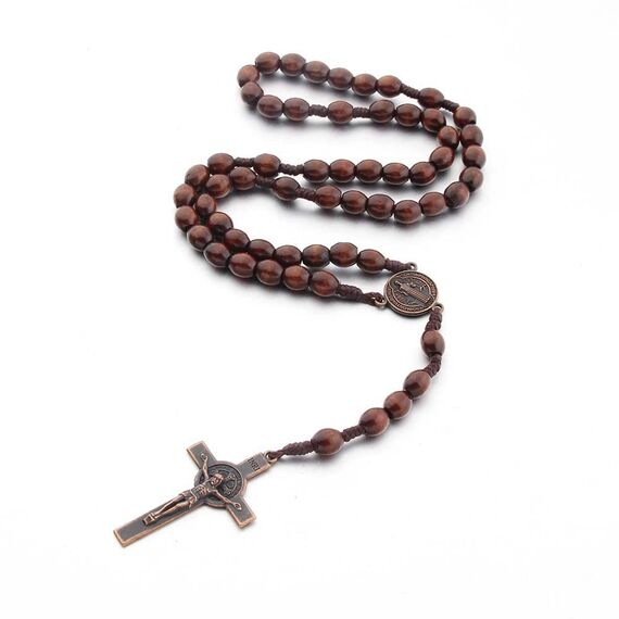 Runmeihe Katholisches Kreuz Rosenkranz Halskette, Naturholz Gebetskette mit Medaille Kreuz Jesus Christus Heiliger Benedikt, für katholische Christen Religiöse Kommunion, Taufe, Messe, Bibel