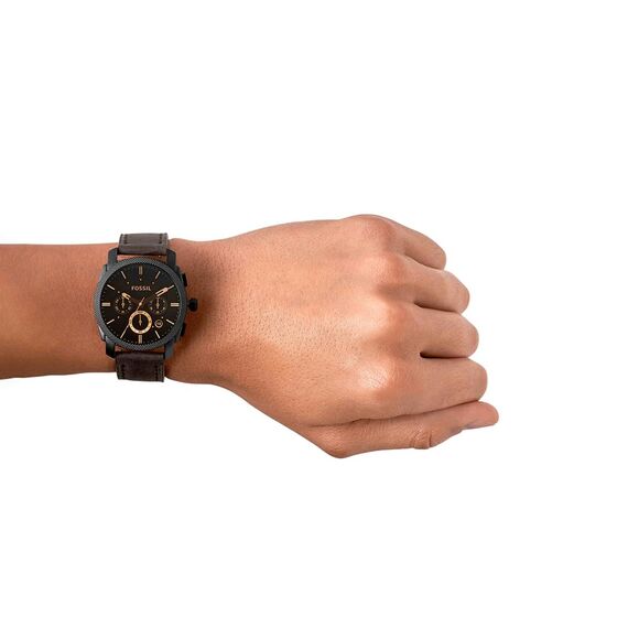 Fossil Machine Uhr für Herren, Chronographenwerk mit Edelstahl- oder Lederarmband, Schwarz und Braun, 42MM