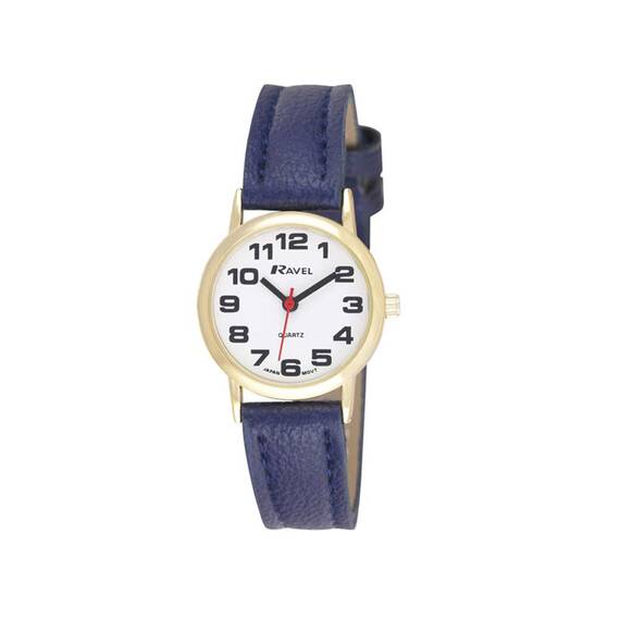 Ravel - Unisex - Armbanduhr mit großen Ziffern - Blau/goldfarbener Ton/weißes Zifferblatt