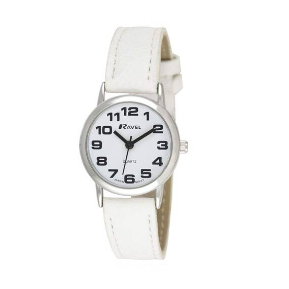 Ravel - Damen (klein) - Armbanduhr mit großen Ziffern - Weiß/silbernes Ton/weißes Zifferblatt