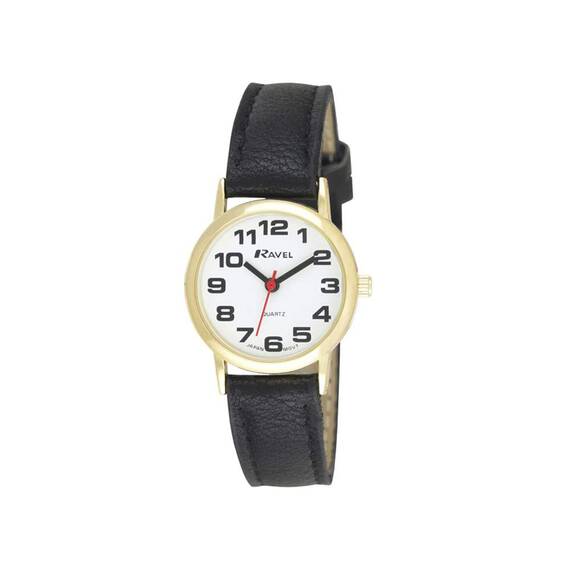 Ravel - Unisex - Armbanduhr mit großen Ziffern - Schwarzes/goldfarbener Ton/weißes Zifferblatt