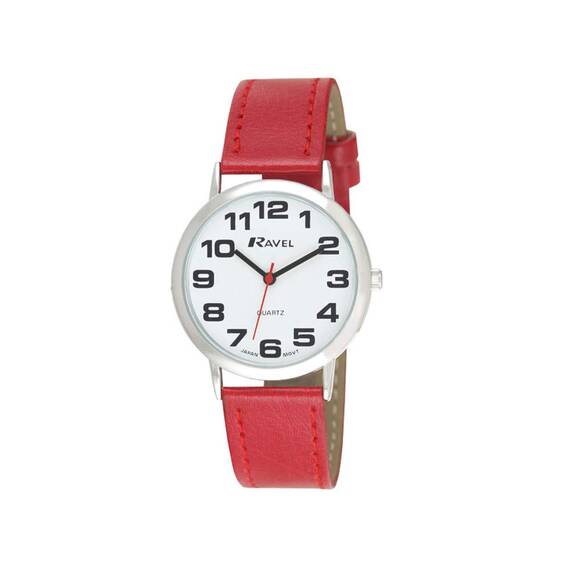 Ravel - Unisex - Armbanduhr mit großen Ziffern - Rot/silbernes Ton/weißes Zifferblatt