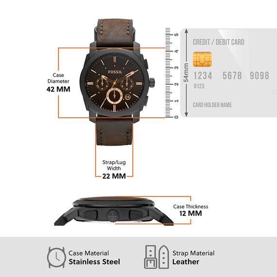 Fossil Machine Uhr für Herren, Chronographenwerk mit Edelstahl- oder Lederarmband, Schwarz und Braun, 42MM