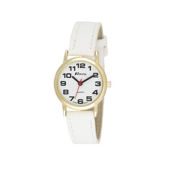 Ravel - Damen - Armbanduhr mit großen Ziffern - Weißes/goldfarbener Ton/weißes Zifferblatt