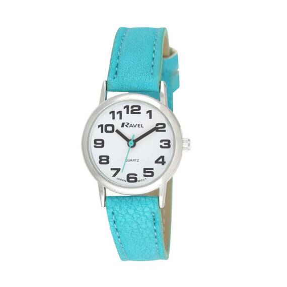 Ravel - Damen (groß) - Armbanduhr mit großen Ziffern - Hellblau/silbernes Ton/weißes Zifferblatt