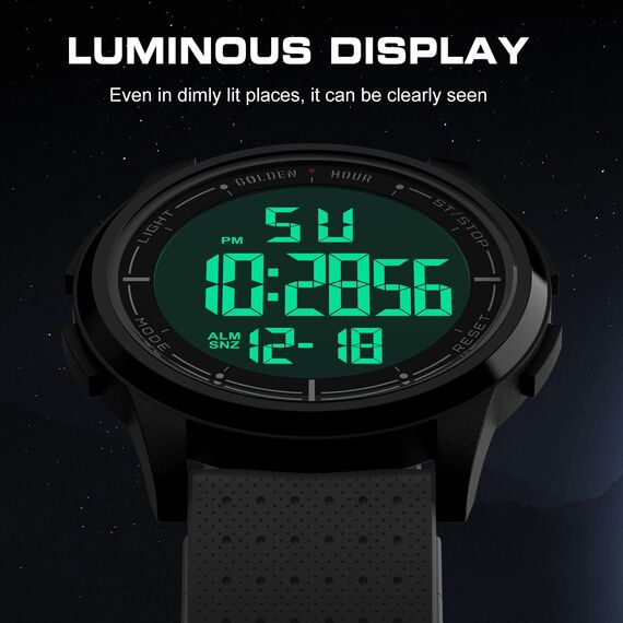 GOLDEN HOUR Sport-Armbanduhr, ultradünn, minimalistisch, wasserdicht, digital, mit Weitwinkel-Display, Gummiband, für Herren und Damen