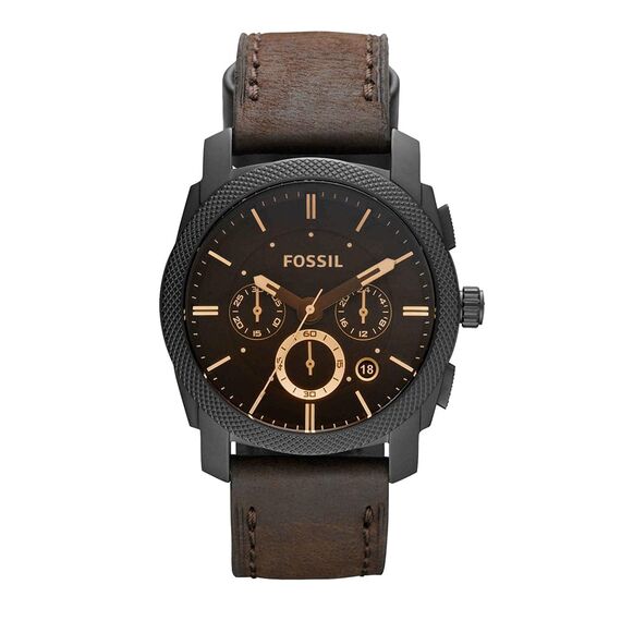 Fossil Machine Uhr für Herren, Chronographenwerk mit Edelstahl- oder Lederarmband, Schwarz und Braun, 42MM