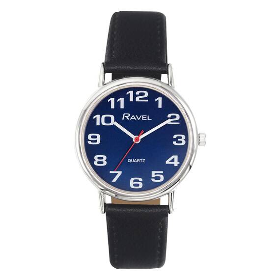 Ravel - Unisex - Armbanduhr mit großen Ziffern - Schwarz/Silbernes Ton/Zifferblatt in Sonnenschliffblau - Analoges Quarzwerk - R0105.52.1