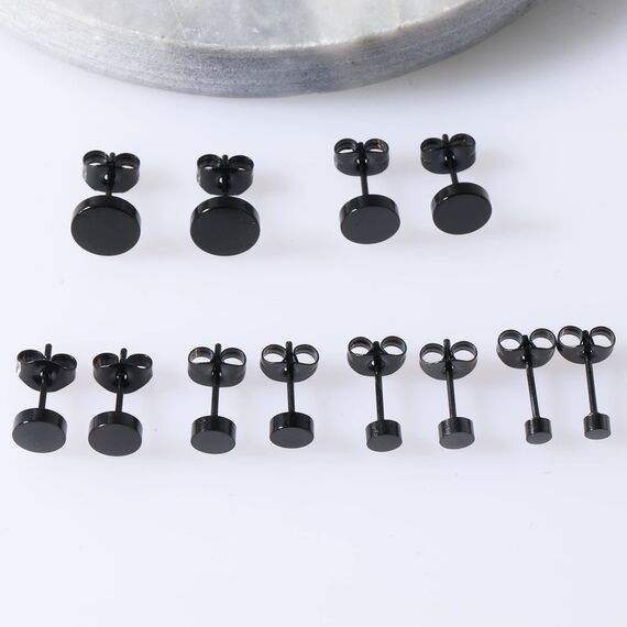 Yolev 6 Paar Dot Ohrstecker Schwarz Unisex Edelstahl Ohrringe Runde Flat Top Ohrringe Schwarz Set Damen Herren Mädchen (3mm-8mm) Halloween Punk Rock Ohrstecker