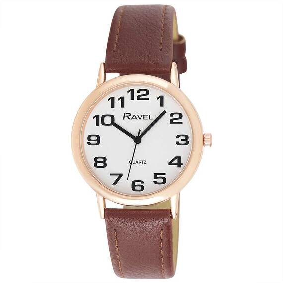 Ravel - Unisex - Armbanduhr mit großen Ziffern - Braun/Roségold ton/weißes Zifferblatt