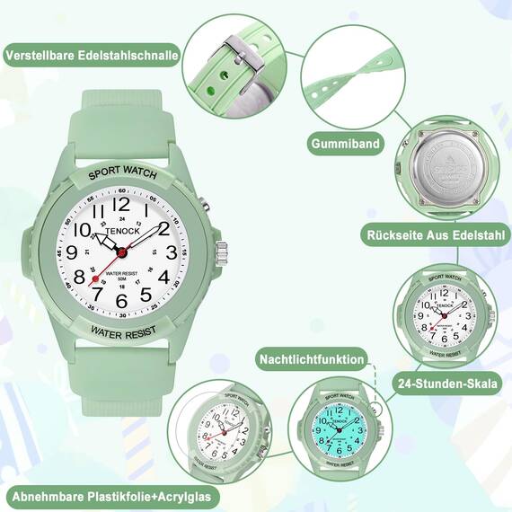 TENOCK Damen Sportliche Armbanduhr Analog Herren Analoge Quarz Uhr 50M Wasserdicht Uhr Armbanduhr mit Nachtlicht für Modischer Casual-Matching oder Sportliche Aktivität (Grün)