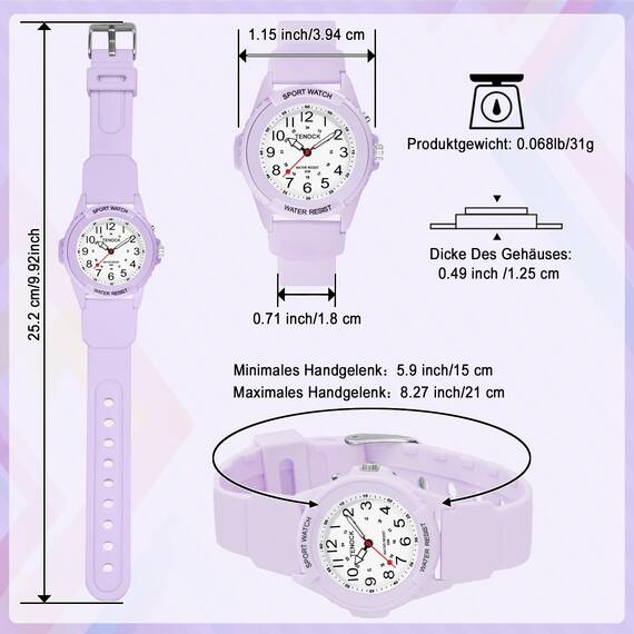TENOCK Sportliche Armbanduhr Damen,Armbanduhr Analog,Damen Analoge Quarz Uhr,5 ATM Wasserdicht Damenuhr Nachtlicht für Modischer Casual-Matching oder Sportliche Aktivität(Violett)