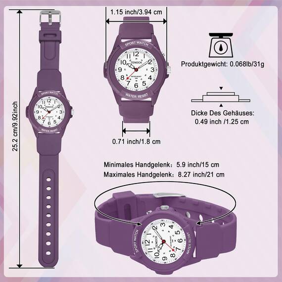 TENOCK Damen Sportliche Armbanduhr Analog Herren Analoge Quarz Uhr 50M Wasserdicht Uhr Armbanduhr mit Nachtlicht für Modischer Casual-Matching oder Sportliche Aktivität (Dunkles Violett)