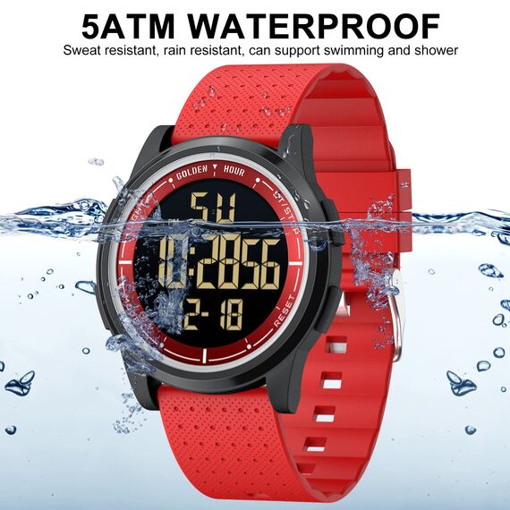 GOLDEN HOUR Sport-Armbanduhr, ultradünn, minimalistisch, wasserdicht, digital, mit Weitwinkel-Display, Gummiband, für Herren und Damen