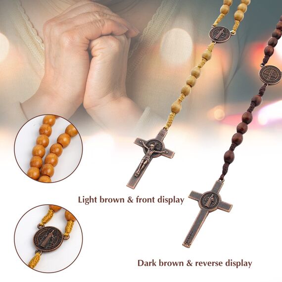 Runmeihe Katholisches Kreuz Rosenkranz Halskette, Naturholz Gebetskette mit Medaille Kreuz Jesus Christus Heiliger Benedikt, für katholische Christen Religiöse Kommunion, Taufe, Messe, Bibel