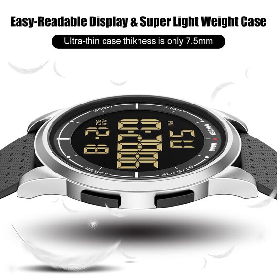 GOLDEN HOUR Sport-Armbanduhr, ultradünn, minimalistisch, wasserdicht, digital, mit Weitwinkel-Display, Gummiband, für Herren und Damen
