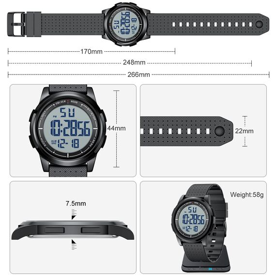 GOLDEN HOUR Sport-Armbanduhr, ultradünn, minimalistisch, wasserdicht, digital, mit Weitwinkel-Display, Gummiband, für Herren und Damen