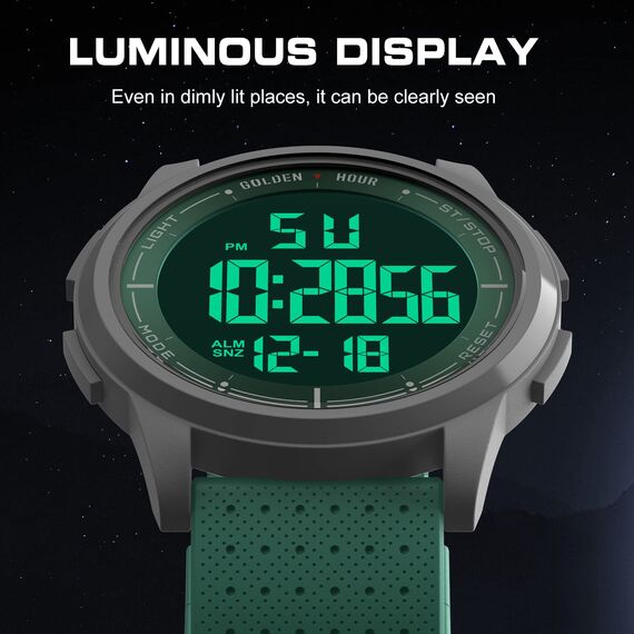 GOLDEN HOUR Sport-Armbanduhr, ultradünn, minimalistisch, wasserdicht, digital, mit Weitwinkel-Display, Gummiband, für Herren und Damen