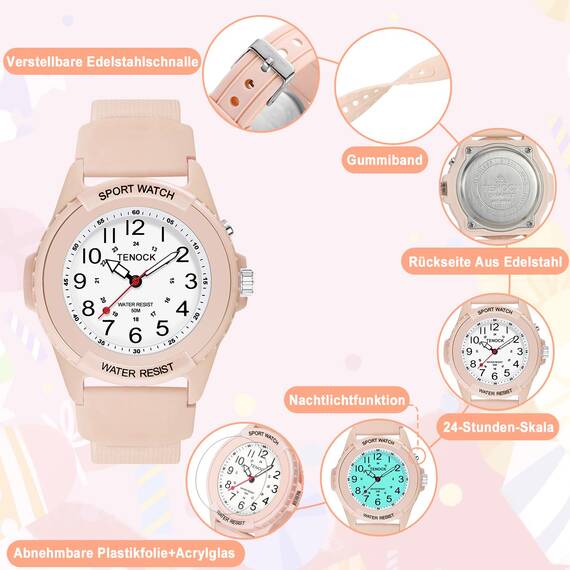 TENOCK Damen Sportliche Armbanduhr Analog Damen Analoge Quarz Uhr 50M Wasserdicht Uhr Armbanduhr mit Nachtlicht für Modischer Casual-Matching oder Sportliche Aktivität(Rosa)