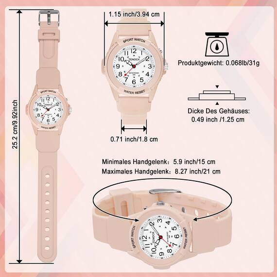 TENOCK Damen Sportliche Armbanduhr Analog Damen Analoge Quarz Uhr 50M Wasserdicht Uhr Armbanduhr mit Nachtlicht für Modischer Casual-Matching oder Sportliche Aktivität(Rosa)