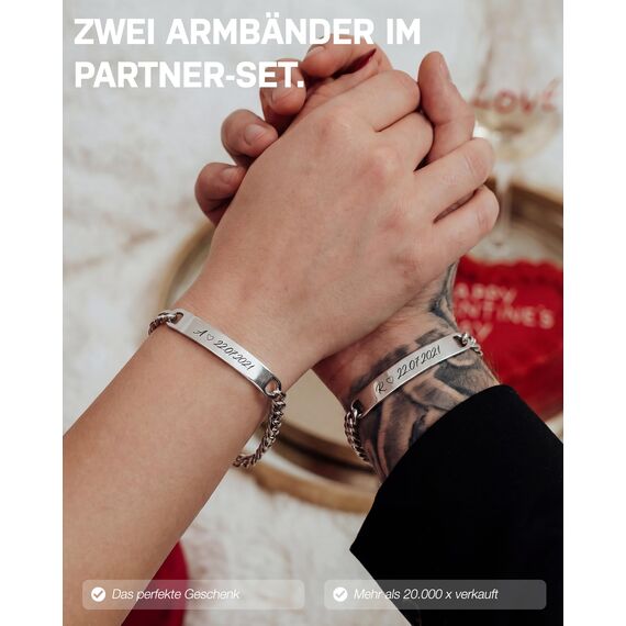BAVELA® | Personalisierte Armbänder für Herren | Edelstahl Armband mit Wunschgravur | Partnerarmband für Paare | Pärchen Armband | in Silber und Schwarz (2 Armbänder)