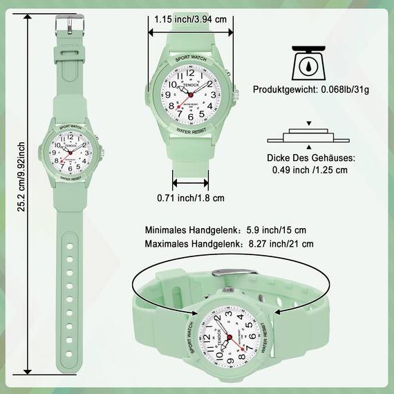 TENOCK Damen Sportliche Armbanduhr Analog Herren Analoge Quarz Uhr 50M Wasserdicht Uhr Armbanduhr mit Nachtlicht für Modischer Casual-Matching oder Sportliche Aktivität (Grün)