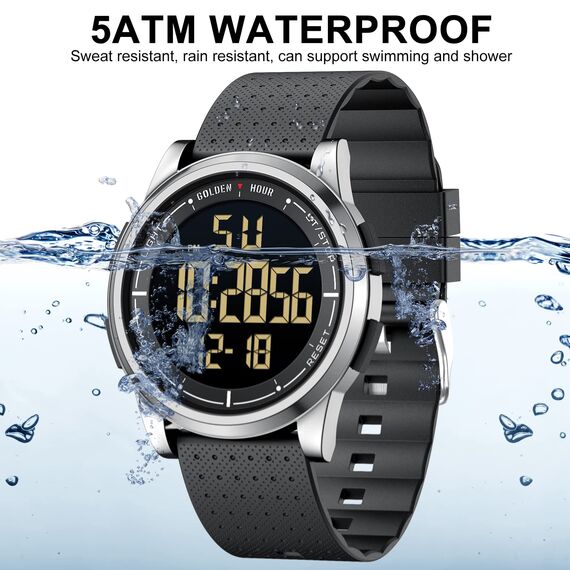 GOLDEN HOUR Sport-Armbanduhr, ultradünn, minimalistisch, wasserdicht, digital, mit Weitwinkel-Display, Gummiband, für Herren und Damen
