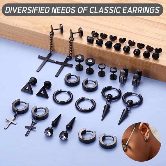 JeweBella 15 Paar Ohrringe Herren Edelstahl Ohrstecker Set Ohrringe Creolen Hypoallergen Zirkonia Ohrstecker Kreuz Baumelnde Ohrringe Piercing Knorpel Ohrringe Schwarz/Silber für Männer Damen