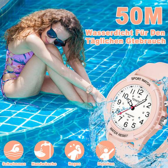 TENOCK Damen Sportliche Armbanduhr Analog Damen Analoge Quarz Uhr 50M Wasserdicht Uhr Armbanduhr mit Nachtlicht für Modischer Casual-Matching oder Sportliche Aktivität(Rosa)