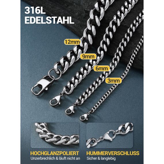 PROSTEEL Herren Collier 51cm Edelstahl Panzerkette Halskette Hip Hop Link Chain Necklace 6mm breit kubanische Gliederkette Männer Jungen Modeschmuck Accessoire für Geburtstag