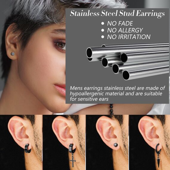 JeweBella 15 Paar Ohrringe Herren Edelstahl Ohrstecker Set Ohrringe Creolen Hypoallergen Zirkonia Ohrstecker Kreuz Baumelnde Ohrringe Piercing Knorpel Ohrringe Schwarz/Silber für Männer Damen
