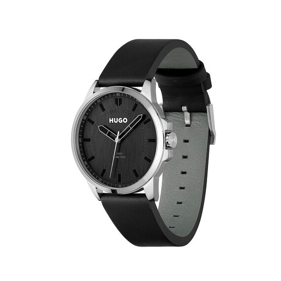 HUGO Analog Quarzuhr für Herren Kollektion #First mit Schwarzes Lederarmband - 1530188