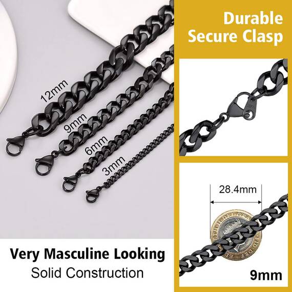 PROSTEEL Herren Halskette schwarz Panzerkette 66cm 9mm breit kubanische Gliederkette Link Chain Necklace Hip Hop Stil Kette