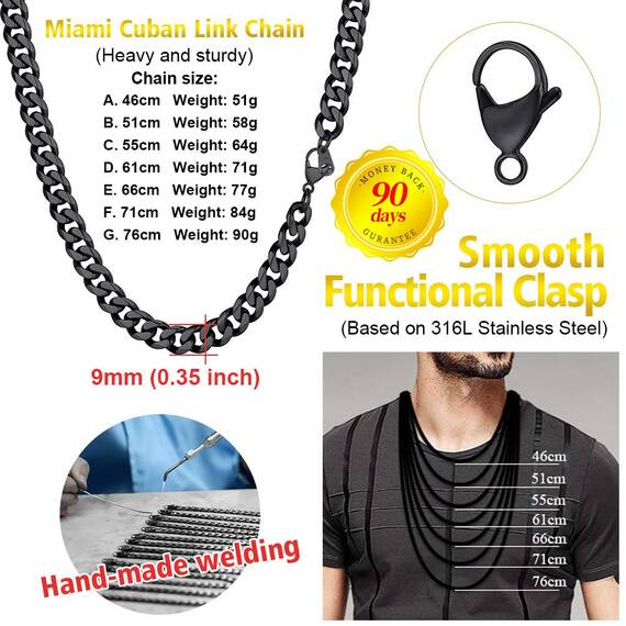 PROSTEEL Herren Halskette schwarz Panzerkette 66cm 9mm breit kubanische Gliederkette Link Chain Necklace Hip Hop Stil Kette