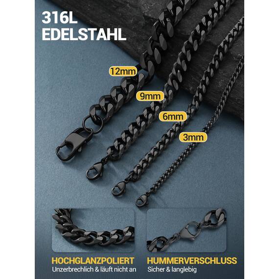 PROSTEEL Herren Collier 51cm schwarz Edelstahl Panzerkette Halskette Hip Hop Link Chain Necklace 3mm breit kubanische Gliederkette Männer Jungen Modeschmuck Accessoire für Geburtstag