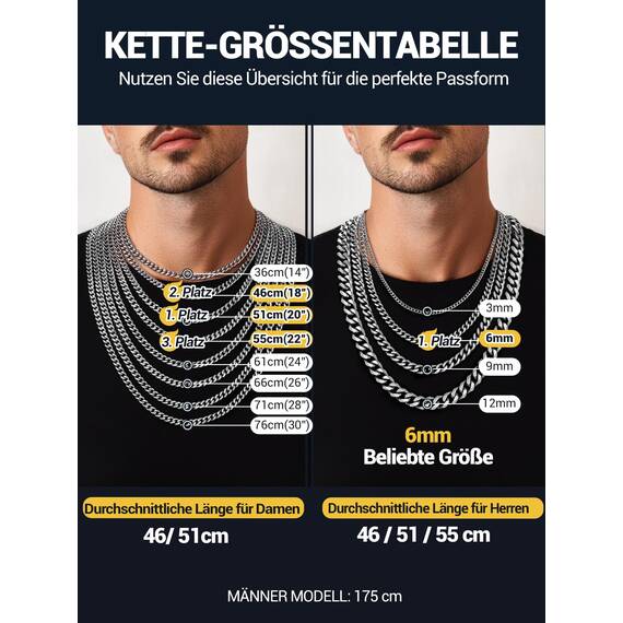 PROSTEEL Herren Kette Collier Edelstahl 46cm/18 in. Panzerkette Halskette 6mm breit kubanische Gliederkette Hip Hop Link Chain Necklace Modeschmuck Accessoire für Männer Frauen