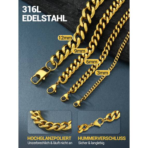 PROSTEEL Herren Panzerkette 18k vergoldet lang Halskette 6mm/71cm kubanische Gliederkette Link Chain Necklace Hip Hop Rapper Roker Modeschmuck Accessoire für Weihnachten Geburtstag