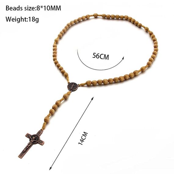 Runmeihe Katholisches Kreuz Rosenkranz Halskette, Naturholz Gebetskette mit Medaille Kreuz Jesus Christus Heiliger Benedikt, für katholische Christen Religiöse Kommunion, Taufe, Messe, Bibel