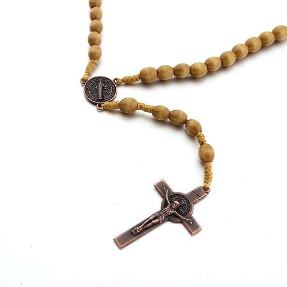 Runmeihe Katholisches Kreuz Rosenkranz Halskette, Naturholz Gebetskette mit Medaille Kreuz Jesus Christus Heiliger Benedikt, für katholische Christen Religiöse Kommunion, Taufe, Messe, Bibel