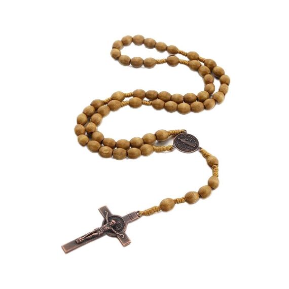 Runmeihe Katholisches Kreuz Rosenkranz Halskette, Naturholz Gebetskette mit Medaille Kreuz Jesus Christus Heiliger Benedikt, für katholische Christen Religiöse Kommunion, Taufe, Messe, Bibel