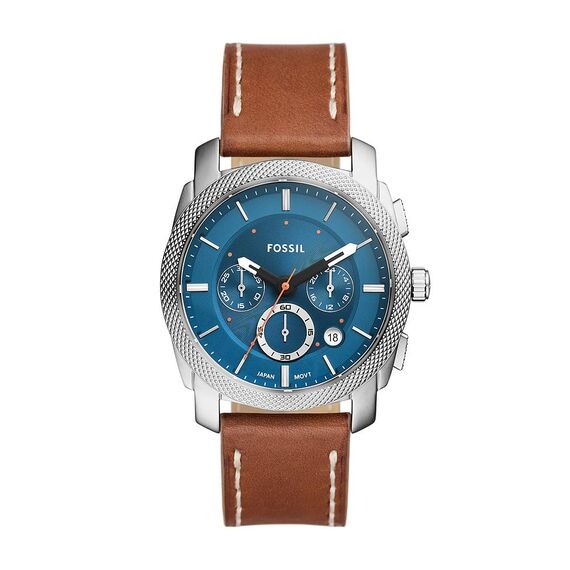 Fossil Machine Uhr für Herren, Chronographenwerk mit Edelstahl- oder Lederarmband, Braun und Blau, 42MM