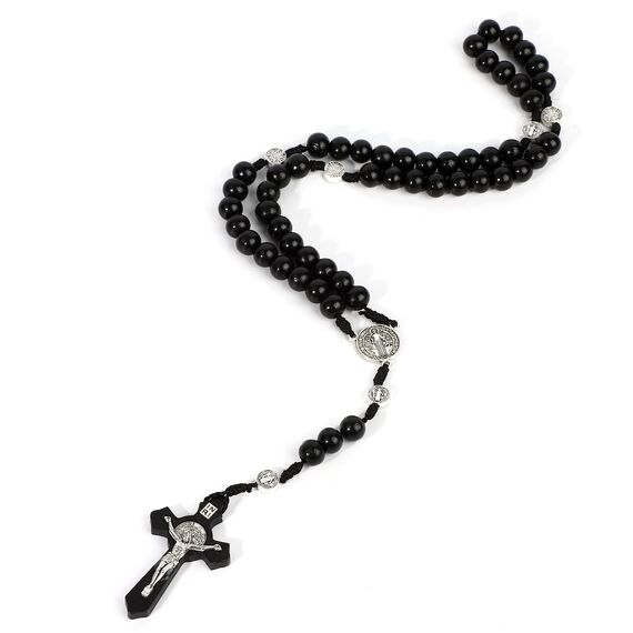 Runmeihe Katholisches Kreuz Rosenkranz Halskette, Naturholz Gebetskette mit Medaille Kreuz Jesus Christus Heiliger Benedikt, für katholische Christen Religiöse Kommunion, Taufe, Messe, Bibel