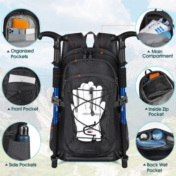 RAINSMORE Wanderrucksack Herren Damen 40L Wasserdichter Rucksack Leicht Groß Reiserucksack Trekkingrucksack mit Reflexstreifen Für Klettern Radfahren Bergsteigen Reisen Schwarz