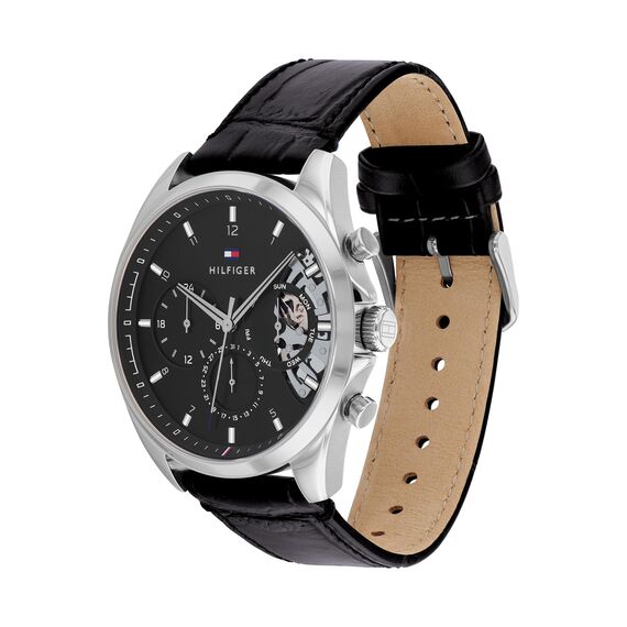 Tommy Hilfiger Multi Zifferblatt Quarz Uhr für Herren mit Schwarzes Lederarmband - 1710449