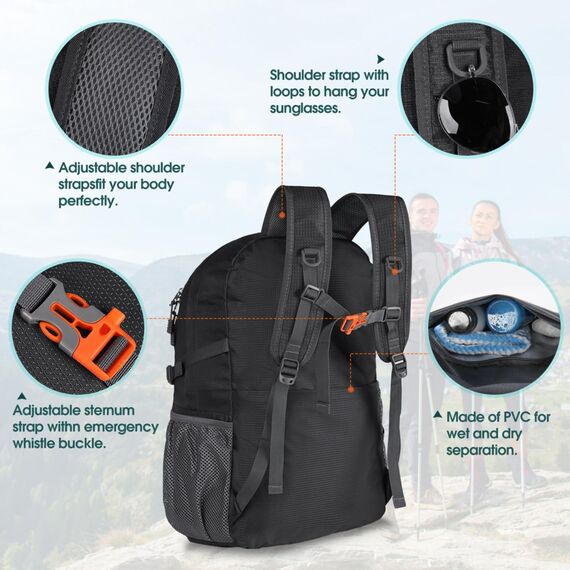 RAINSMORE Wanderrucksack Herren Damen 40L Wasserdichter Rucksack Leicht Groß Reiserucksack Trekkingrucksack mit Reflexstreifen Für Klettern Radfahren Bergsteigen Reisen Schwarz