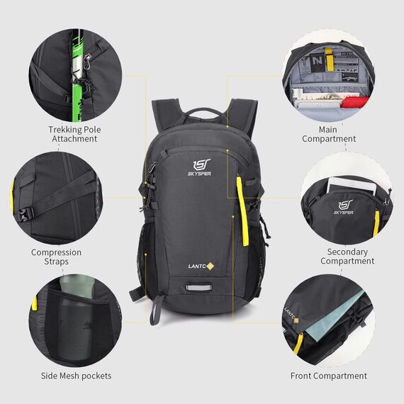 SKYSPER Leicht Wanderrucksack Klein Rucksack mit Rückenbelüftung Trekkingrucksack aus atmungsaktivem 3D Air Mesh Polyester Camping Outdoor Wandern Rucksack